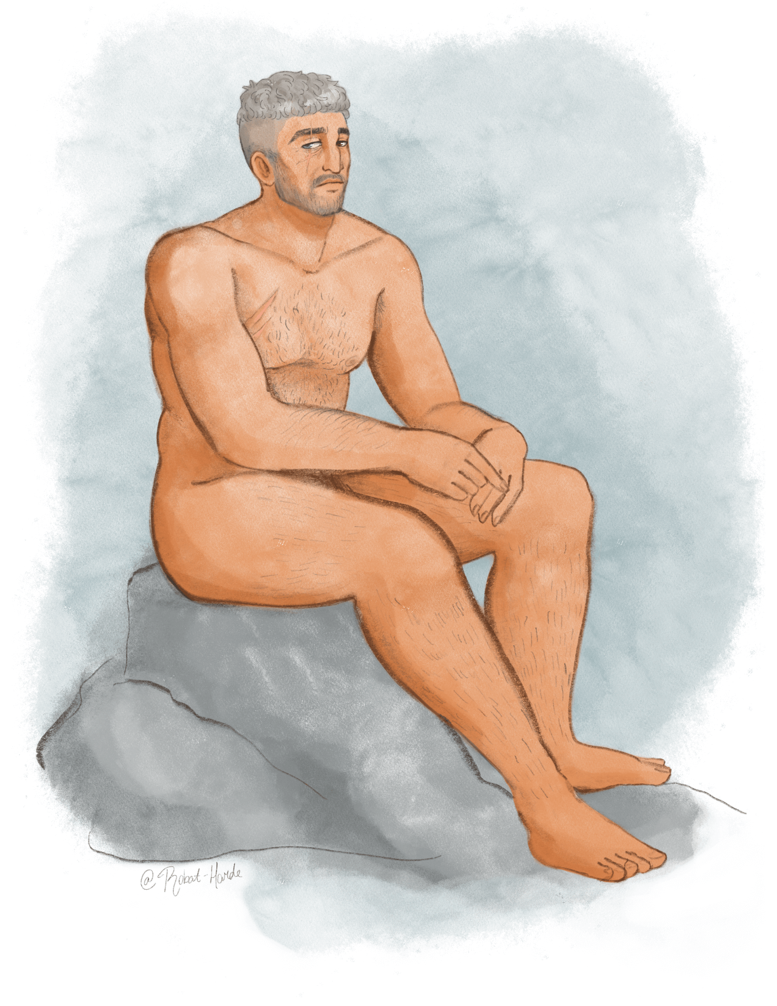 Caspian sitting naked on a rock